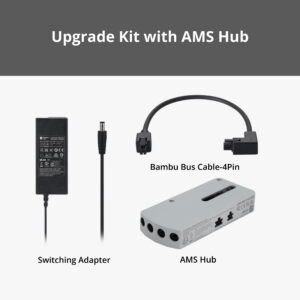 Bambu Lab AMS 2 Pro Upgrade Kit contents laid out — switching adapter, 4-pin Bambu Bus cable, PTFE tubes and couplers for X1 and P1 series printers