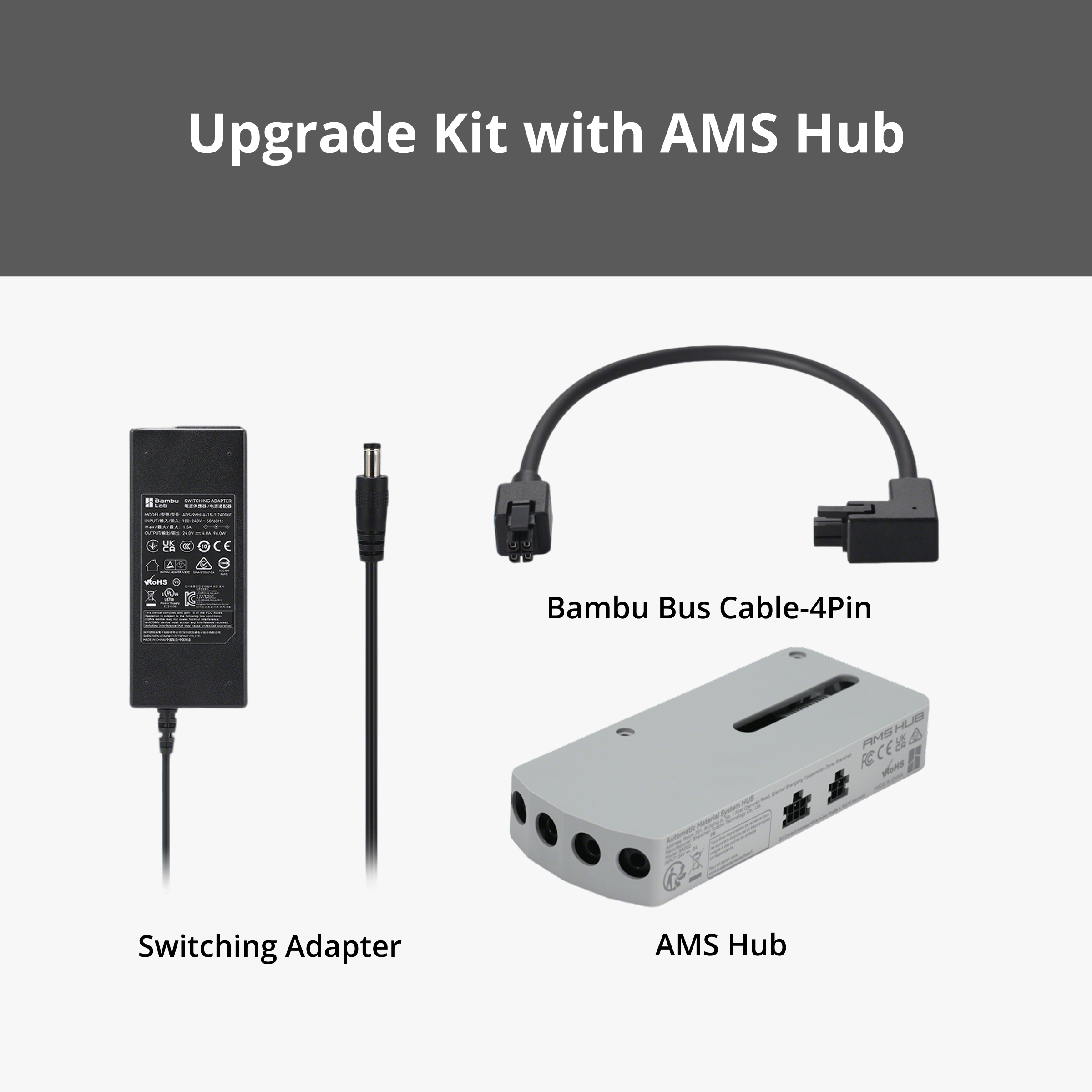 Bambu Lab AMS 2 Pro Upgrade Kit contents laid out — switching adapter, 4-pin Bambu Bus cable, PTFE tubes and couplers for X1 and P1 series printers